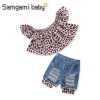 China wholesale children boutique clothing summer kids leopard off shoulder top+ripped blue jean shorts 2pcs girls clothing set