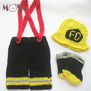 Crochet 3 pieces Set Cotton Baby Firefighter Hat, Pants, Suspenders &amp; Boots Pink Yellow for Boys Girls