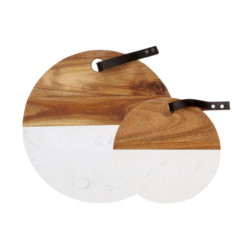 Custom/Wholesale Round Cutting Board with Hanging Hole Acacia Wood and Marble Chopping Block Charcuterie Food Bread Cheese Board