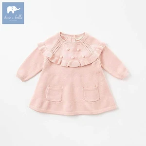 DB8974 dave bella autumn baby Lolita Knitted Dress girls print long sleeve dresses children boutique clothing