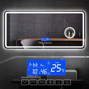 defogging illuminated digital clock bluetooth LED smart mirror for bathroom/ salon/hotel /spa/beauty