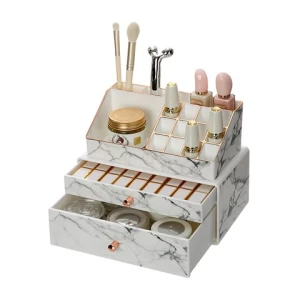 Desktop cosmetic nail ponish lipstick jewelry display box 2pieces plastic rose gold marble makeup drawer organizer set