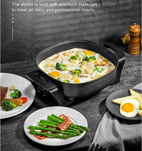 Electric Skillet Non Stick  Frying Pan with Standing Tempered Glass Lid Family Sized Heat Resistant Handles 1360W