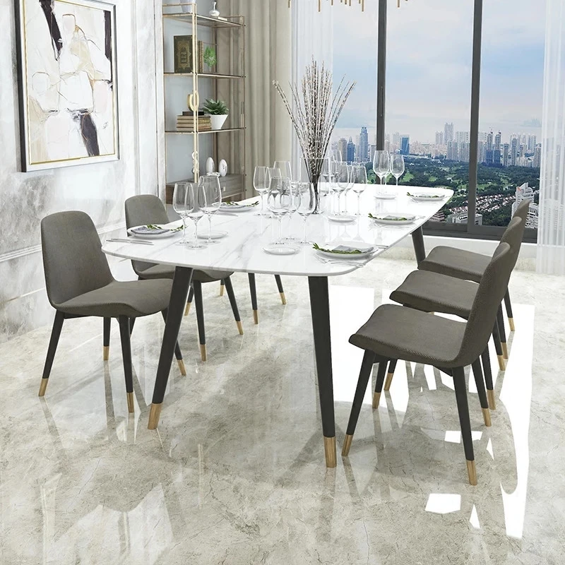 Elegant Luxury Style Modern Golden Frame Marble Slab Top Dining Table Furniture