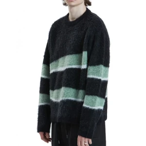 Factory Custom Pullover Winter Warm Mens Designer Sweater Green and Black Mohair Sweater Fuzzy Jacquard Knit Sweater for Men