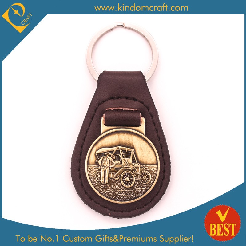 Factory Price Customized Leather Key Ring with Metal Ornament for Promotional Gift