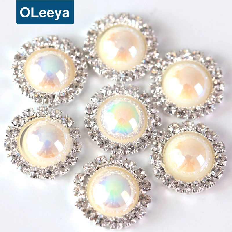 Factory Price Over 20 AB Colors Crystal Claw Acrylic 15mm White ABS Half Round Pearl Rhinestone Buttons for DIY hairpins