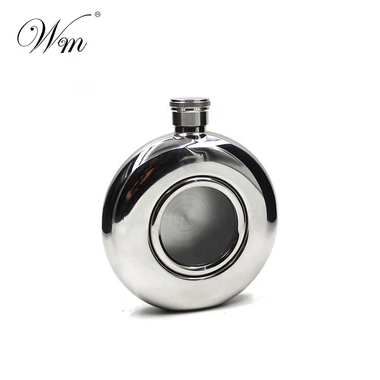 Fancy Luxury Round Window Stainless steel 5oz Hip flask  Whisk Flask acohol flask