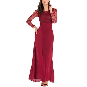 Fashion V Neck Sexy Lace Pleated Loose Elegant Loose Evening Maxi Prom Formal Dresses Women