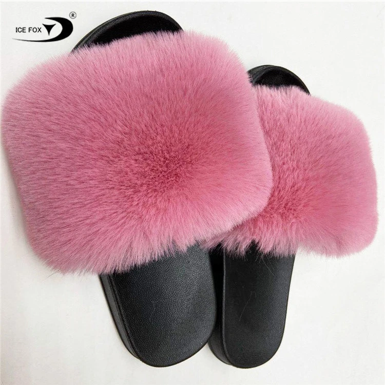 Fashion Winter Furry Fuzzy Indoor Large Fur Slippers Outdoor Faux Fox Fur Slides for Women