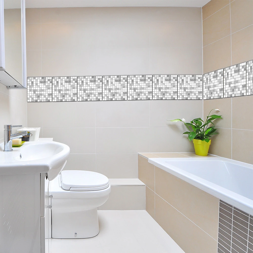 FUNLIFE Bathroom Tile Stickers Decals Grey Mosaic  7.87" 10 sheets Backsplash wall Decals Talavera Wall sticker decoration