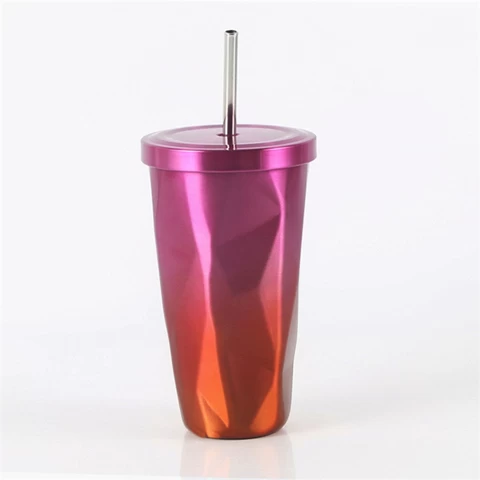 Gradient Color Stainless Steel Insulated Vacuum Diamond Tumblers Coffee Cups With Straw