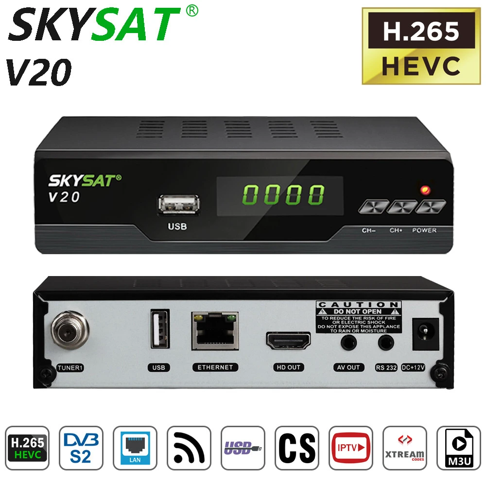 H.265 HEVC IPTV Satellite tv Receiver SKYSAT V20 for Latin America with IKS forever server PowerVu Biss CS LAN WiFi