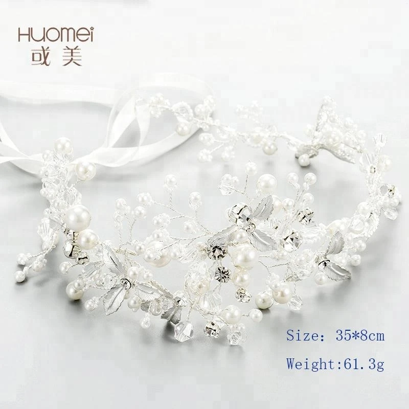 Handmade Headpiece Bridal Customized Diy Hair Accessories Leaf Flower Wedding Pearl Headbands With Ribbon