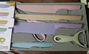 high quality 6pcs kitchen knife set with cutting board and wheat fiber coating for surface