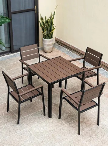 Hot Sale Outdoor Wood Dining Table And Chair Set Courtyard Garden Table and Stackable Chairs