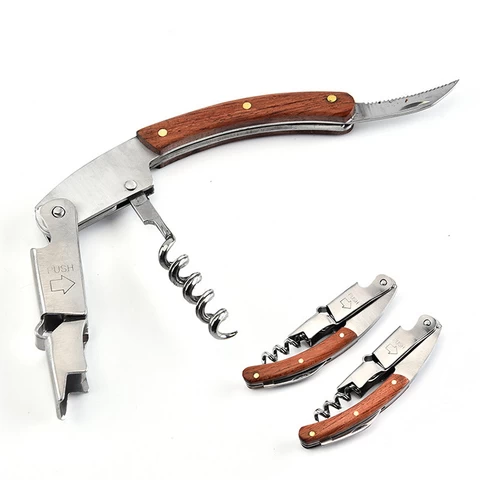 Hot Selling Professional Stainless Steel  Rose Wood Inlay All-in-one Bottle Opener, Knife  Waiter and Bartenders Wine Corkscrew