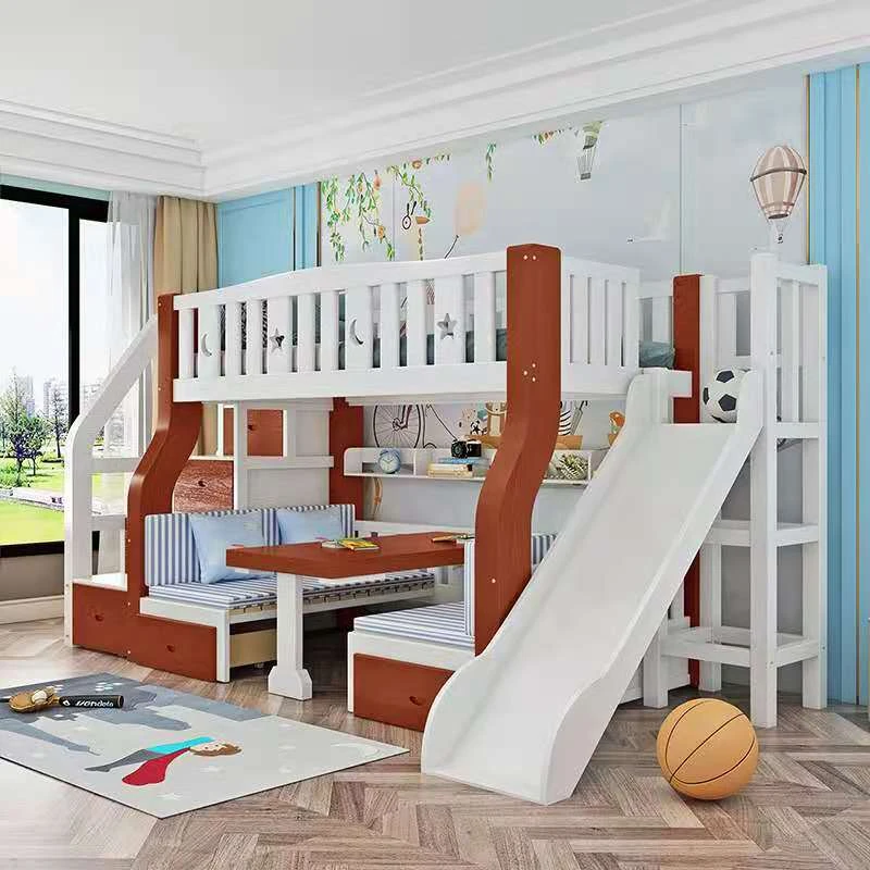 JNZ Home furniture solid wood frame children cartoon bunk bed with slide