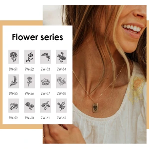 JUJIE Gold Plated Stainless Steel Engraved 12 Month Plant Necklace Daisy Rose Birth Flowers Rectangle Pendant Necklace For Mothe