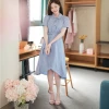 Korean short sleeve stripe dresses girl summer dress belt women dress