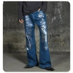 Lakin Garment Custom denim factory vintage coated wax denim jeans men print silver foil denim flare pants men wax stack flare je