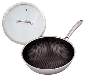 Latest kitchen cooking induction Triply Stainless Steel Honeycomb Coating Wok with S/S Lid