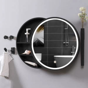 LED Lighted Bathroom Mirror Cabinet, Storage Mirror, Anti-Fog, Stepless Dimming, Round Medicine Cabinets Bathroom Mirror Cabinet (Color: Black, Size: 70cm A131