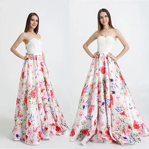 Long satin print floral front beads prom dress made in china ,WAITZLIKE women prom dresses