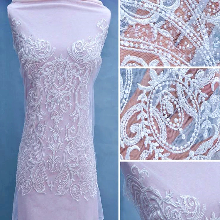 Luxury Ivory Hand Beaded Lace Applique Motif for Wedding Gown Bodice Bridal Lace Veil