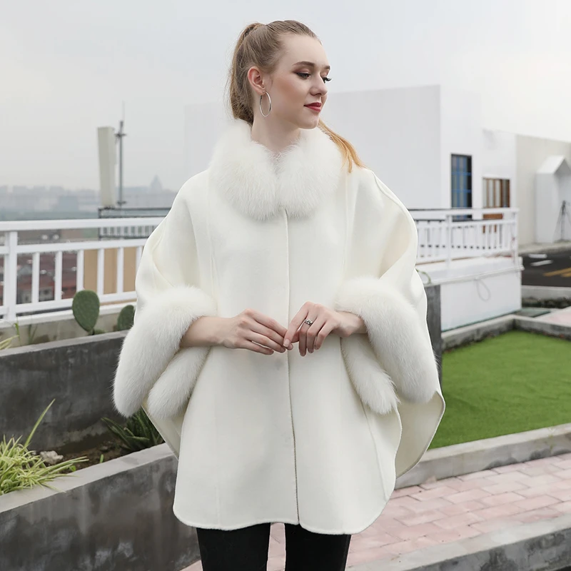Luxury Women Double Face Cashmere Shawls Winter Oversize Wool Cape With Real Fox Fur Collar Elegant Ladies Cashmere coat