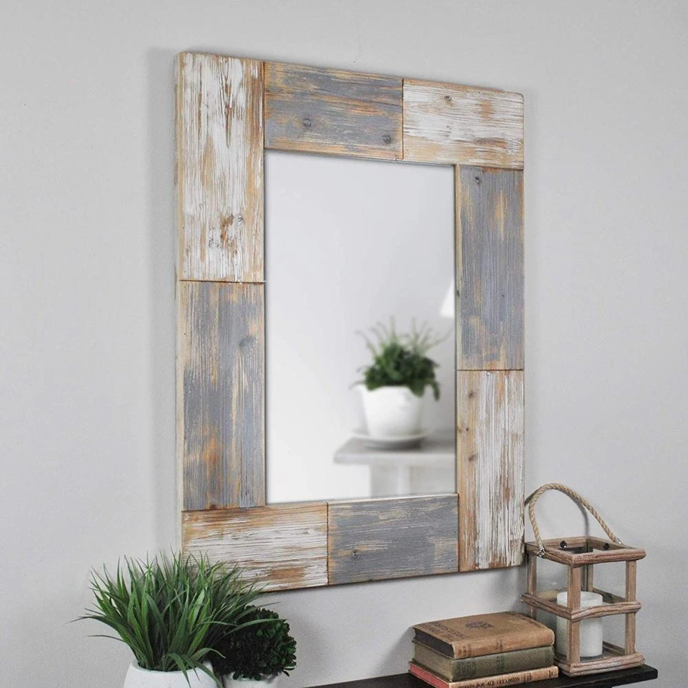 Mason Planks Wall Mirror, 31.5&quot; H x 24&quot; W, Aged White &amp; Gray Wood