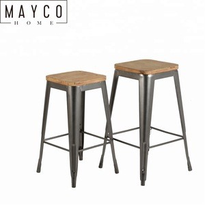 Mayco Indoor Outdoor Stackable Industrial Set of Two Wooden Seat Metal Bar Stools