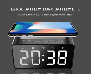 Modern design digital led alarm clock with wireless charger Household Bluetooths speaker clock Desktop mirror led clock