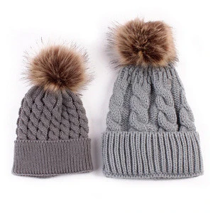 Mom and Baby Matching Knitted Hats Warm Fleece Crochet Beanie Hats Winter Mink PomPom Kids Children Mommy Headwear Hat Caps