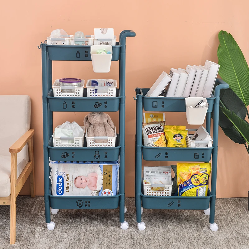 Multi layers purpose plastic organizer storage holders serving trolley with wheel