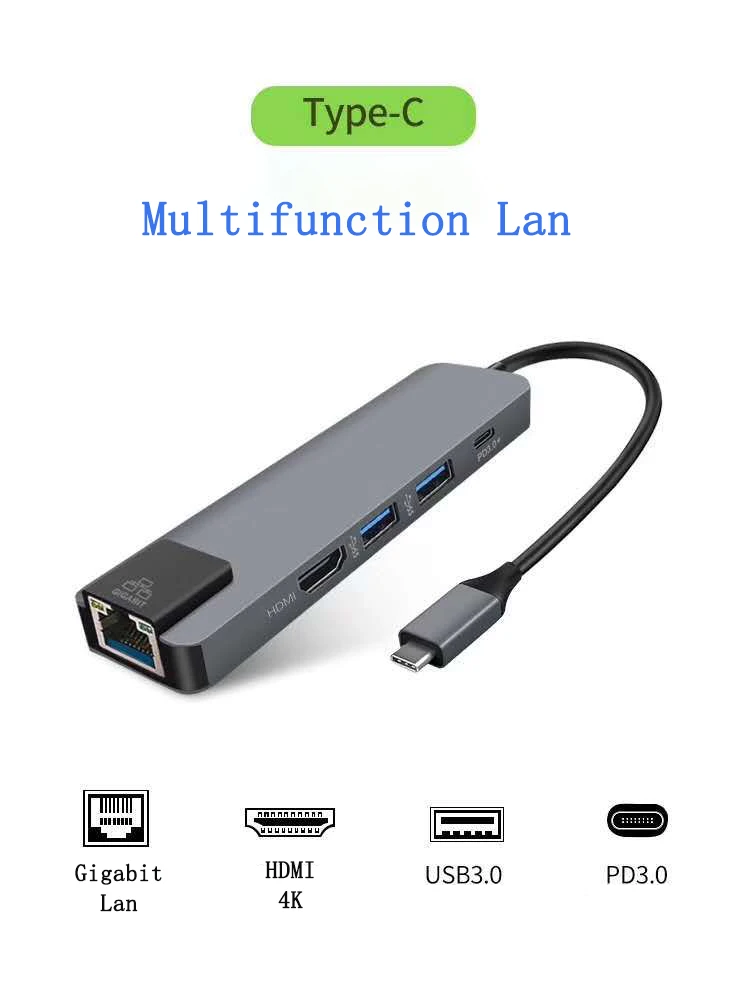 Multifunction Type C to 2 Ports USB 3.0 PD 4K HDTV RJ45 Hub Adapter Converter Gigabit Ethernet Lan Connector