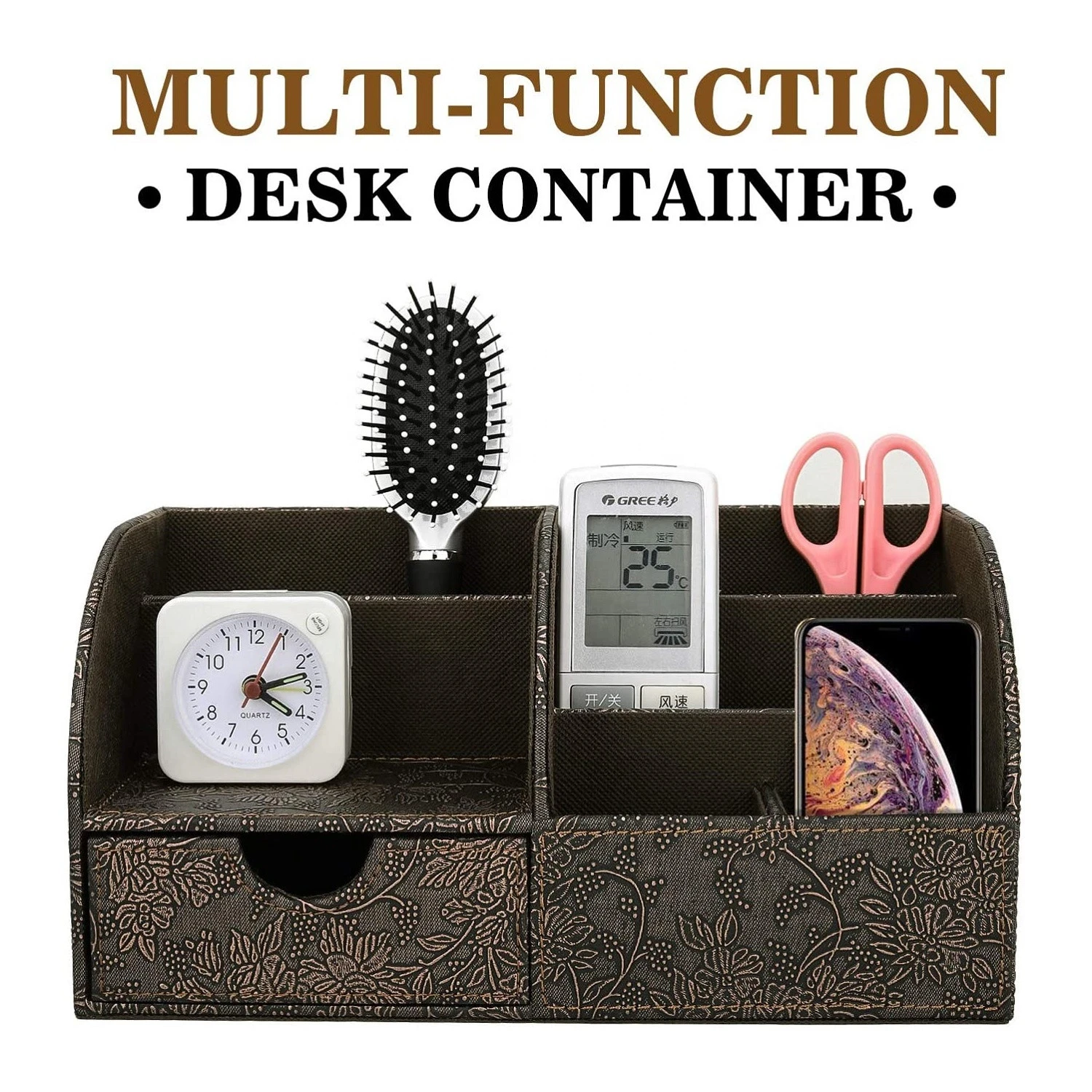 Multifunctional PU Leather Office Desk Organizer Desktop Storage Box with Sliding Drawer