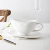 New arrival relief design ceramic white sauce jug hotel restaurant unique large gravy boat with saucer stand