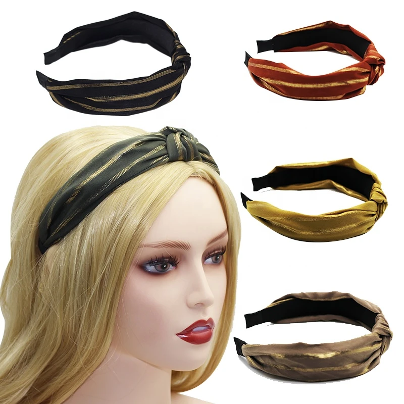 New Design Gold Striped Headwear Fashion Woman Accessories Top Knotted Hair Tie Fabric Hair Headband