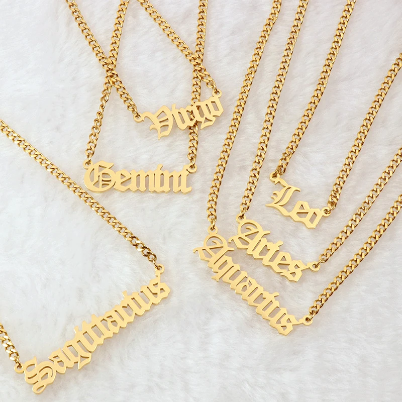 Personalized 12 Zodiac Word With 3mm Wide Cuban Link Chain Necklace Women Stainless Steel 18k Gold Zodiac Sign Necklace Jewelry