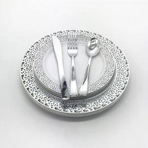 Plastic Disposable Dinnerware Set,  125pcs Silver Lace Rimmed Dinnerware Sets