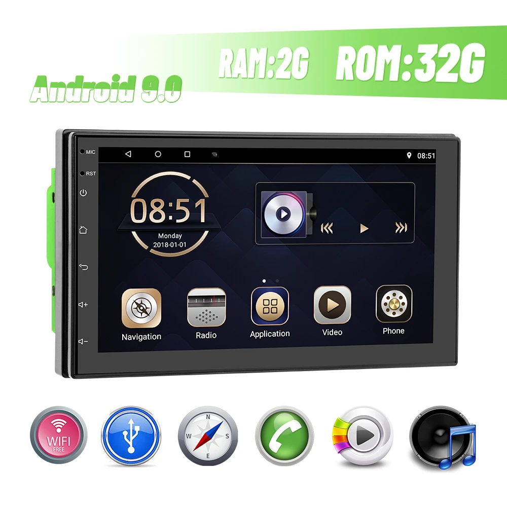 Podofo 2+32GB Android 9.0 2 Din 7 Car Radio TFT Stereo WIFI 2.5D GPS Navigation Split Screen/BT/FM/Phone Link Autoradio