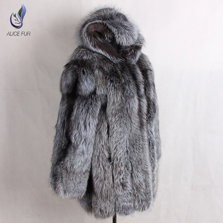 Popular new style vertical stripes women real silver fox fur coatwith warm hooded