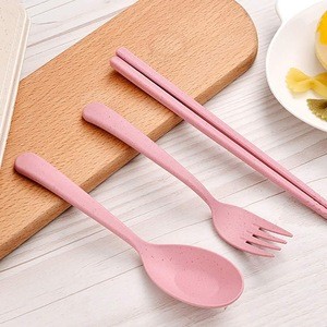 portable travel Camping Flatware Set Wheat Straw Spoon Chopsticks Fork Cutlery Set in a case