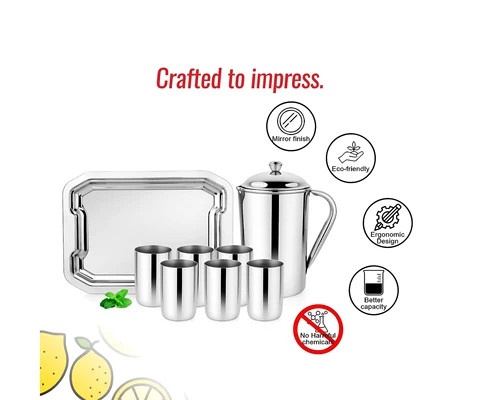 Premium Stainless Steel Jug Set Of 6 Glasses 300 ML & Serving Tray For Kitchen Metal Tableware Set For Gift Item Silver colour