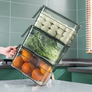 Refrigerator Organizer Bins with Lids Clear Plastic Large Fridge Organizer Stackable Fridge Food Organizer with Handle