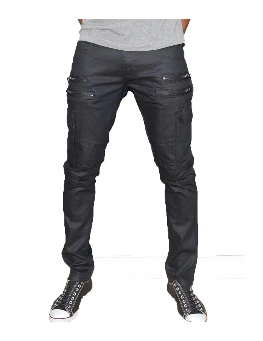 Royal wolf denim jeans manufacturer black coated punk pants slim fit men cargo jeans side zipper mens jeans