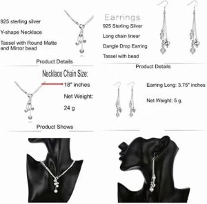 Sterling Silver Beaded Tassel Y Shape Necklace And Dangle Earrings Bridal Wedding Jewelry Set Women