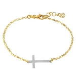 Sterling Silver Gold Plated Italian Rolo Chain with Rhodium Plated Cross Adjustable Bracelet 7-8