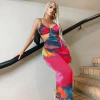 Tie Dye Print Women Strap Midi casual Dress Hollow Out Bodycon Sexy Streetwear Party Club Elegant 2021 Summer Clothes Fashion
